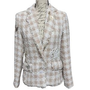 Anthropologie Tweed Appliqué Blazer Size XXS 00 Beige Check Embellished NEW Tags